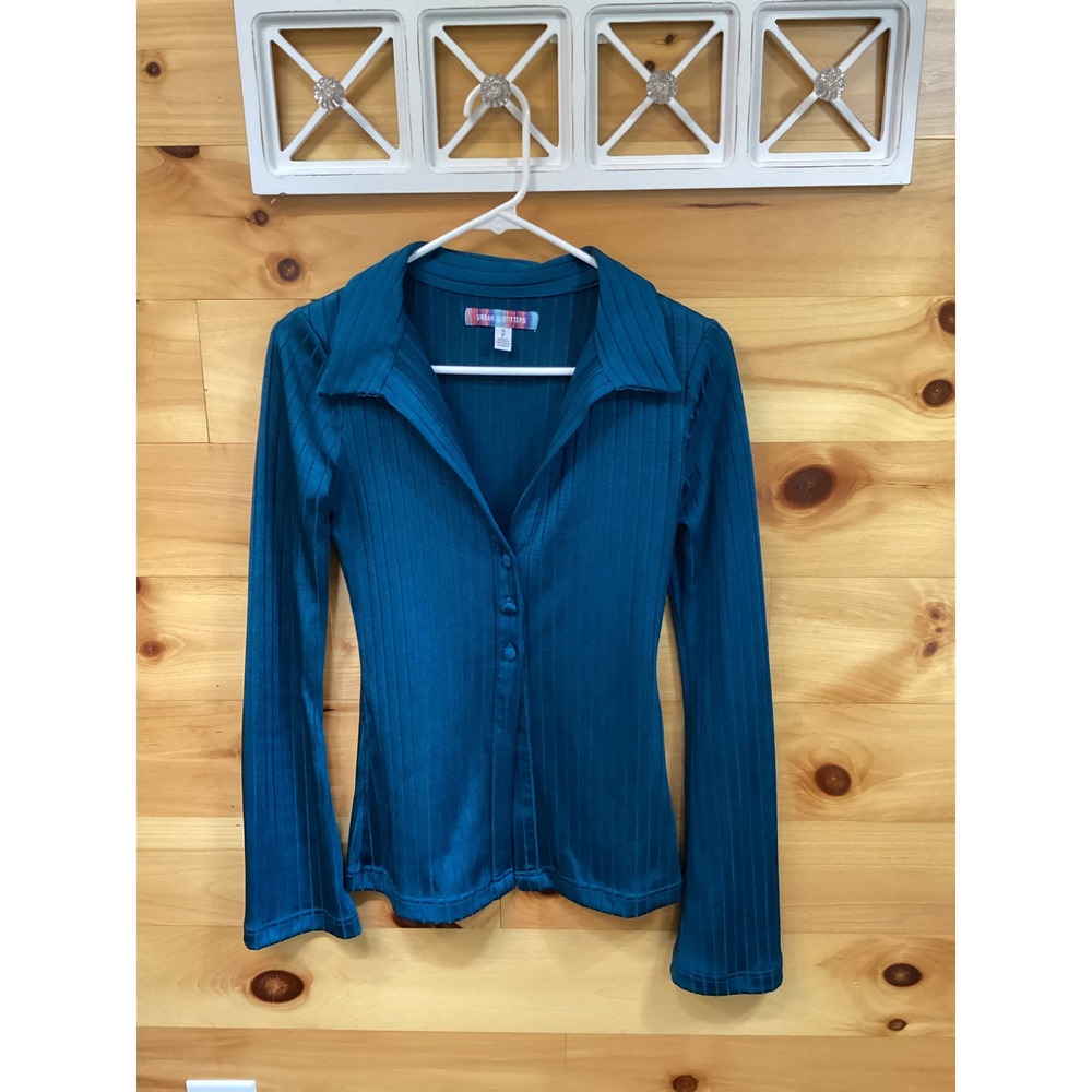 Urban Outfitters Womens Teal Ribbed Knit Button Up Long Sleeve Top Size S Y2K